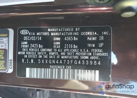 2015 Kia Optima Ex from USA, damaged, VIN 5XXGN4A73FG433984